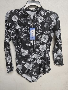 Black Floral Long-Sleeve Zip-Front Bodysuit